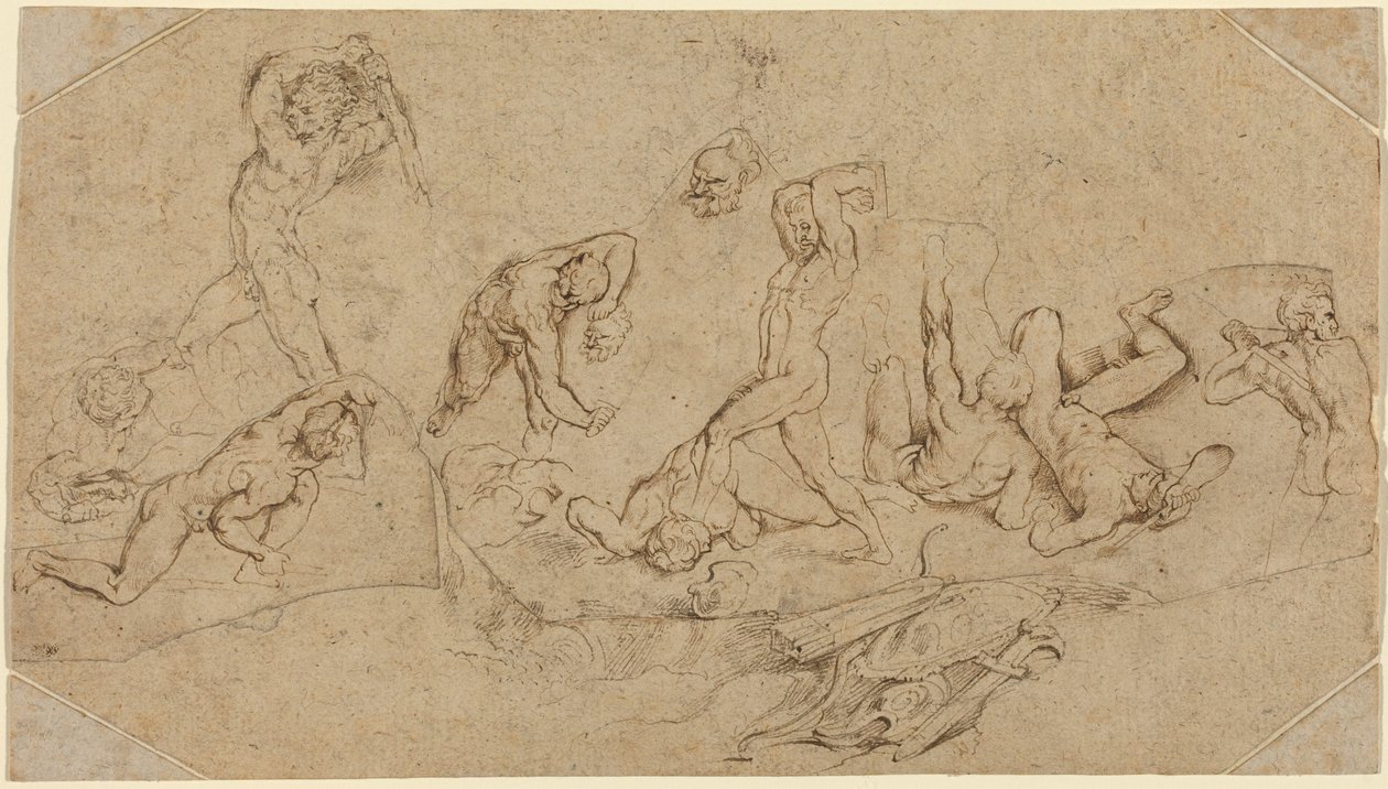 Battle of Nude Men (penna och brunt bläck över svart krita på fyra oregelbundet skurna bitar av två typer av buffertpapper; liggande och med hörnbitar tillagda) av Peter Paul Rubens