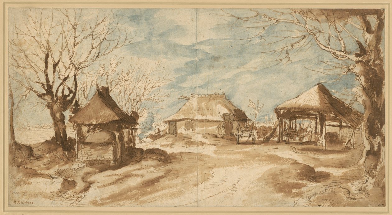 Bondgård med tre halmbodar av Peter Paul Rubens