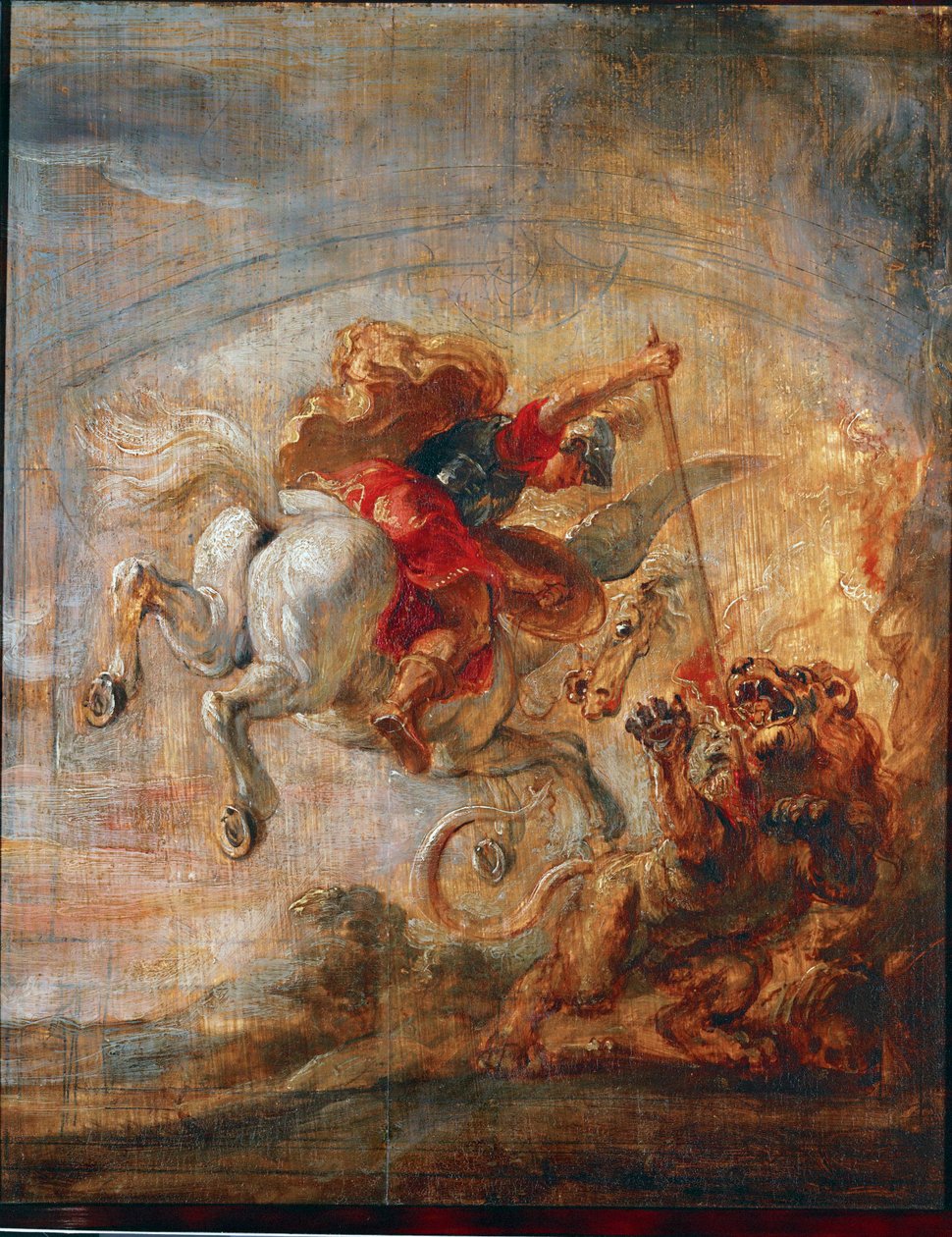 Bellerophon, ridande Pegasus, kämpar mot Chimera (olja på duk) av Peter Paul Rubens