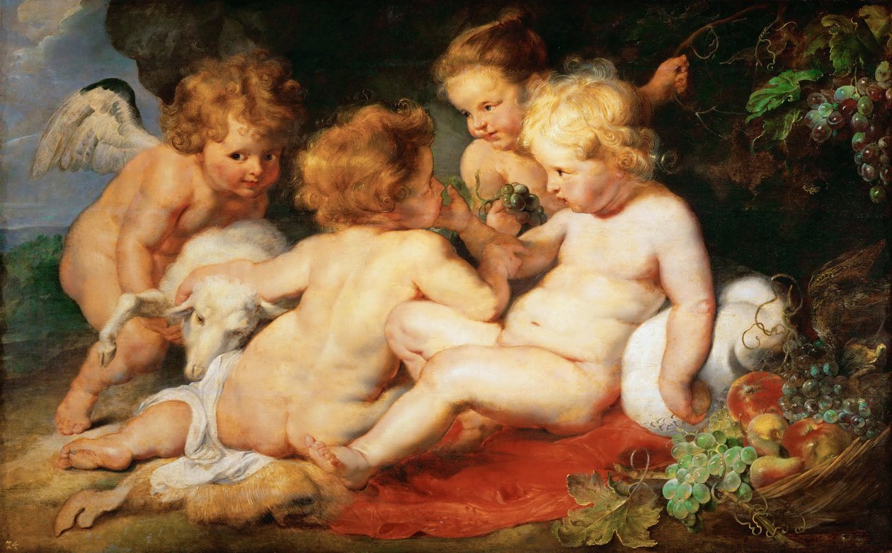 Kristus och Johannes Döparen som barn med två änglar - Pieter Paul Rubens (1577-1640). Olja på trä, c. 1615-1620. Mått: 76,5x122,3 cm. Konsthistoriska museet, Vienne av Peter Paul Rubens