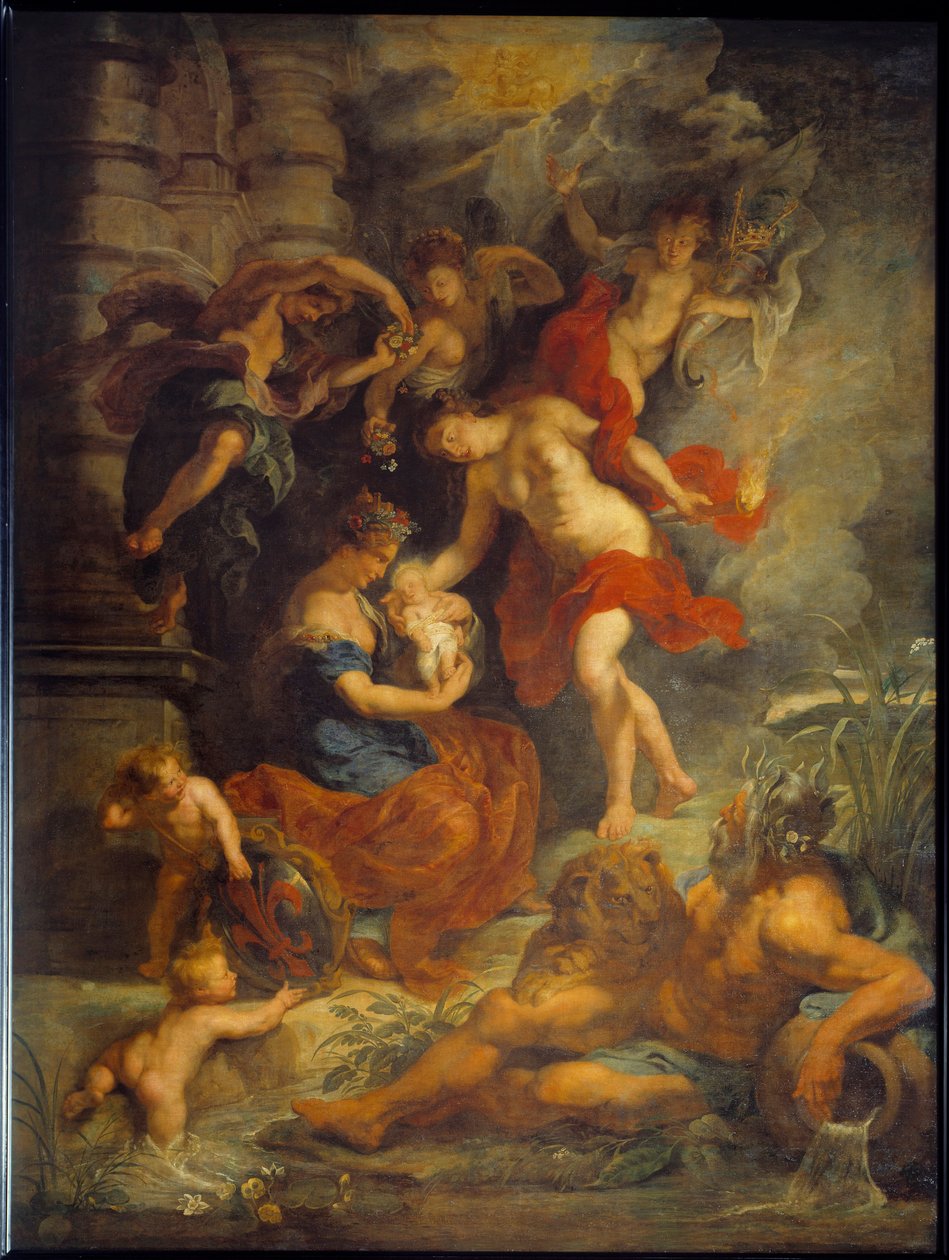 Cykel av Marie de Medicis (1573-1642): "" Marie de Medicis födelse i Florens den 26/04/1573"". Representation av Jeanne av Österrike (1547-1578) med sin dotter. Målning av Pierre Paul (Pierre-Paul) Rubens (eller Peter Paul eller Petrus Paulus) (1577-1640) av Peter Paul Rubens