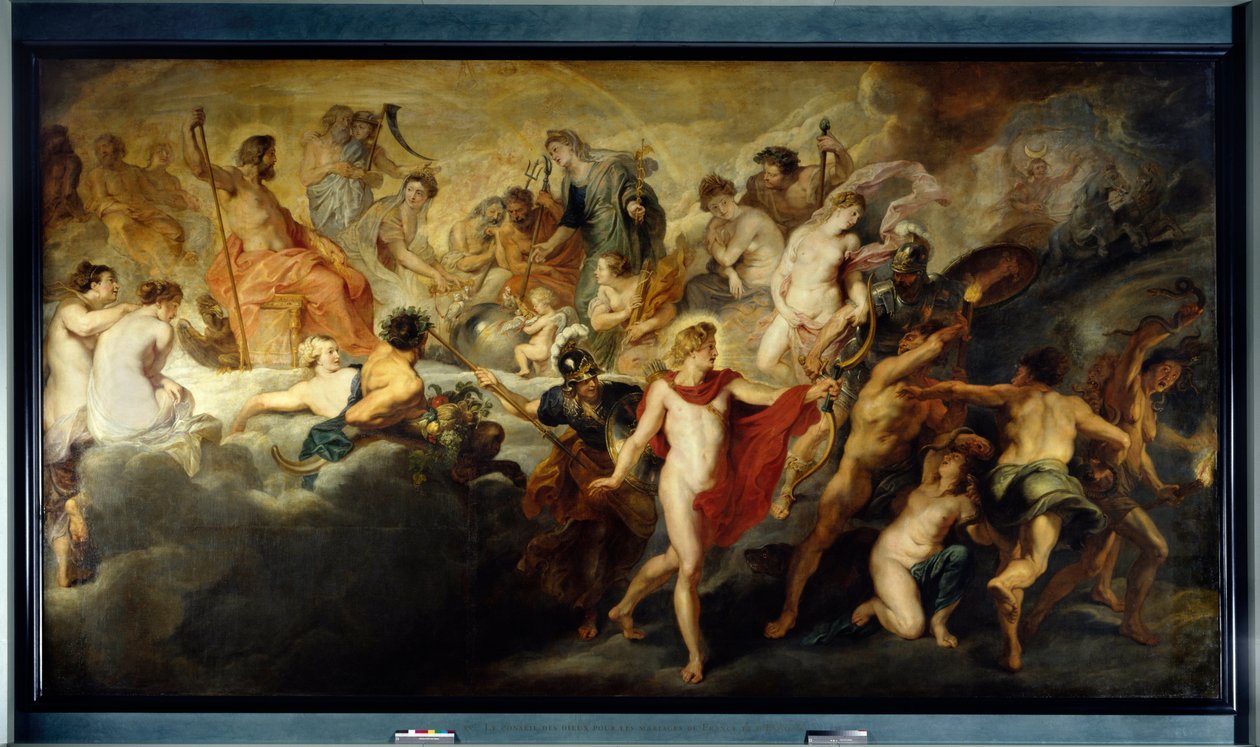 Cycle of Mary de Medicis: The Concert (eller Council) of the Gods for Reciproc Marriages of France and Spain, sa en gång: Drottningens regering. Allegori över Frankrikes drottning Marie de Medicis regering (1575-1642). Till vänster gifter sig Jupiter och J av Peter Paul Rubens