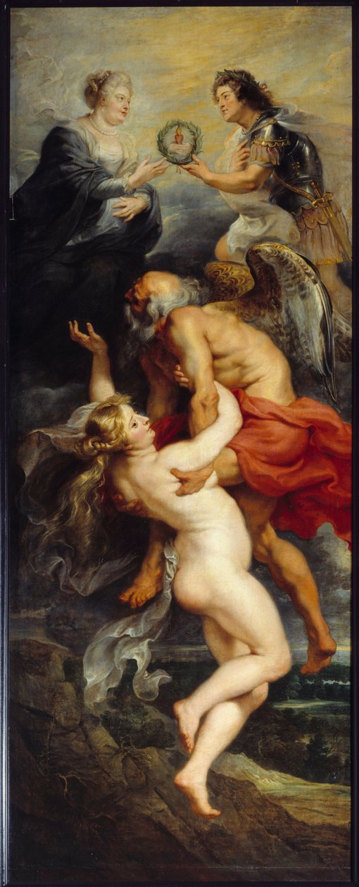 Medicis cykel: "" Veritens triumf""" Kung Ludvig XIII och drottning Mary av Medici representerade på toppen av allegorierna om Tid och Veriten. Målning av Pierre Paul (Pierre-Paul) Rubens (eller Peter Paul eller Petrus Paulus) (1577-1640) (ec.flam.) av Peter Paul Rubens