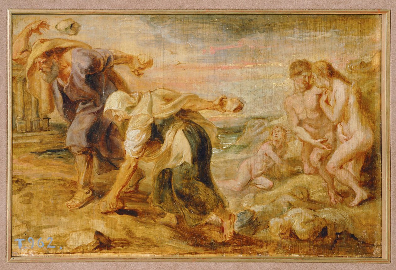 Deucalion och Pyrrha, mänsklighetens skapare efter den första syndafloden (målning på trä) av Peter Paul Rubens