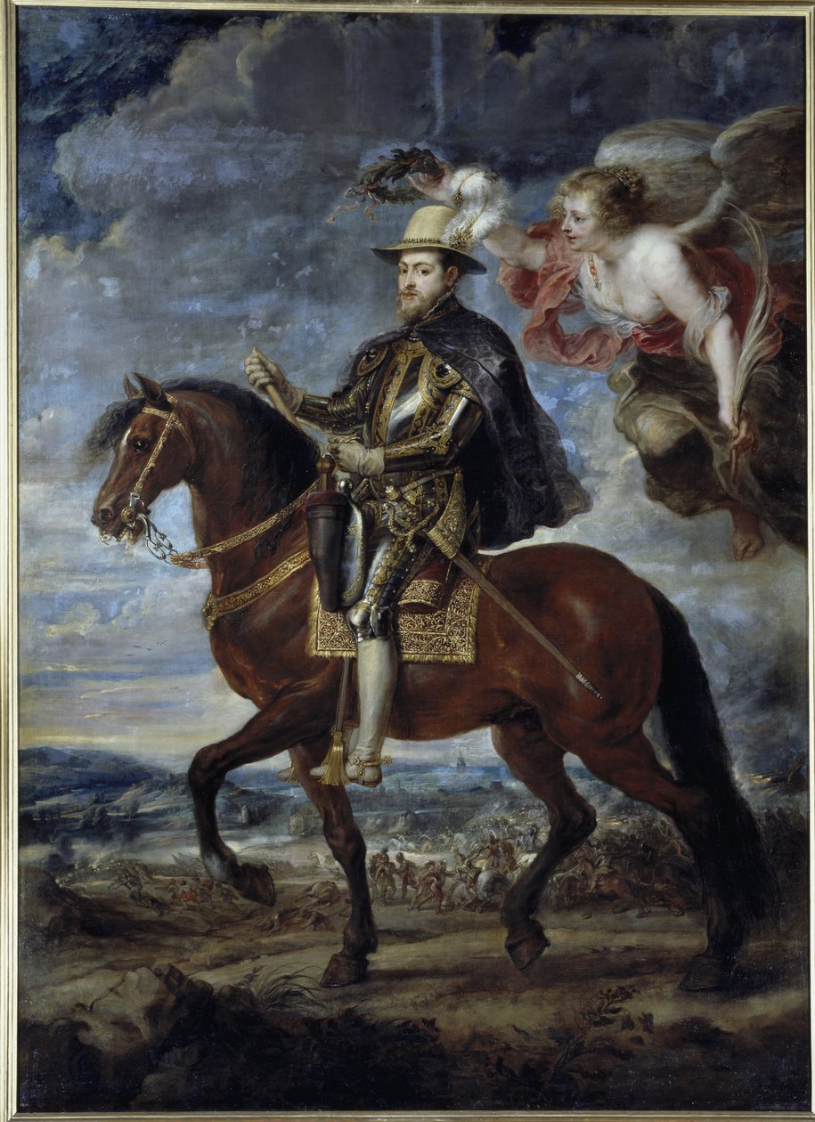 Ridsporträtt av kung Filip II av Spanien (olja på duk av Peter Paul Rubens