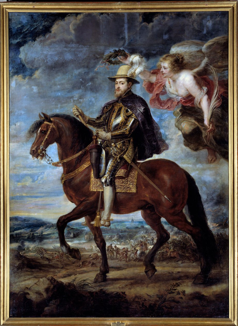 Ryttarporträtt av Filip II, kung av Spanien (1527-1598) Målning av Peter Paul (Pierre-Paul) Rubens (eller Peter Paul eller Petrus Paulus) (1577-1640) 1500-talet sön. 3,14x2,28 m Madrid, Pradomuseet av Peter Paul Rubens
