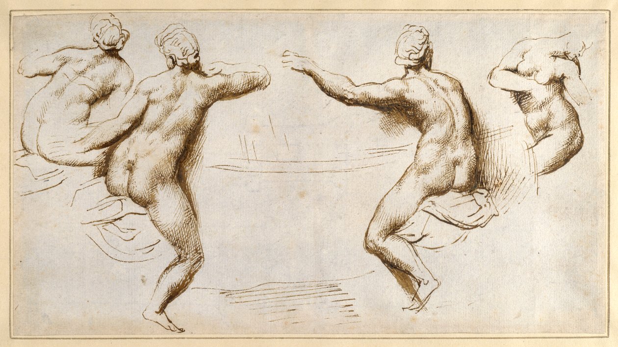 Fyra kvinnliga nakenbilder runt ett handfat (penna och bläck på papper) av Peter Paul Rubens