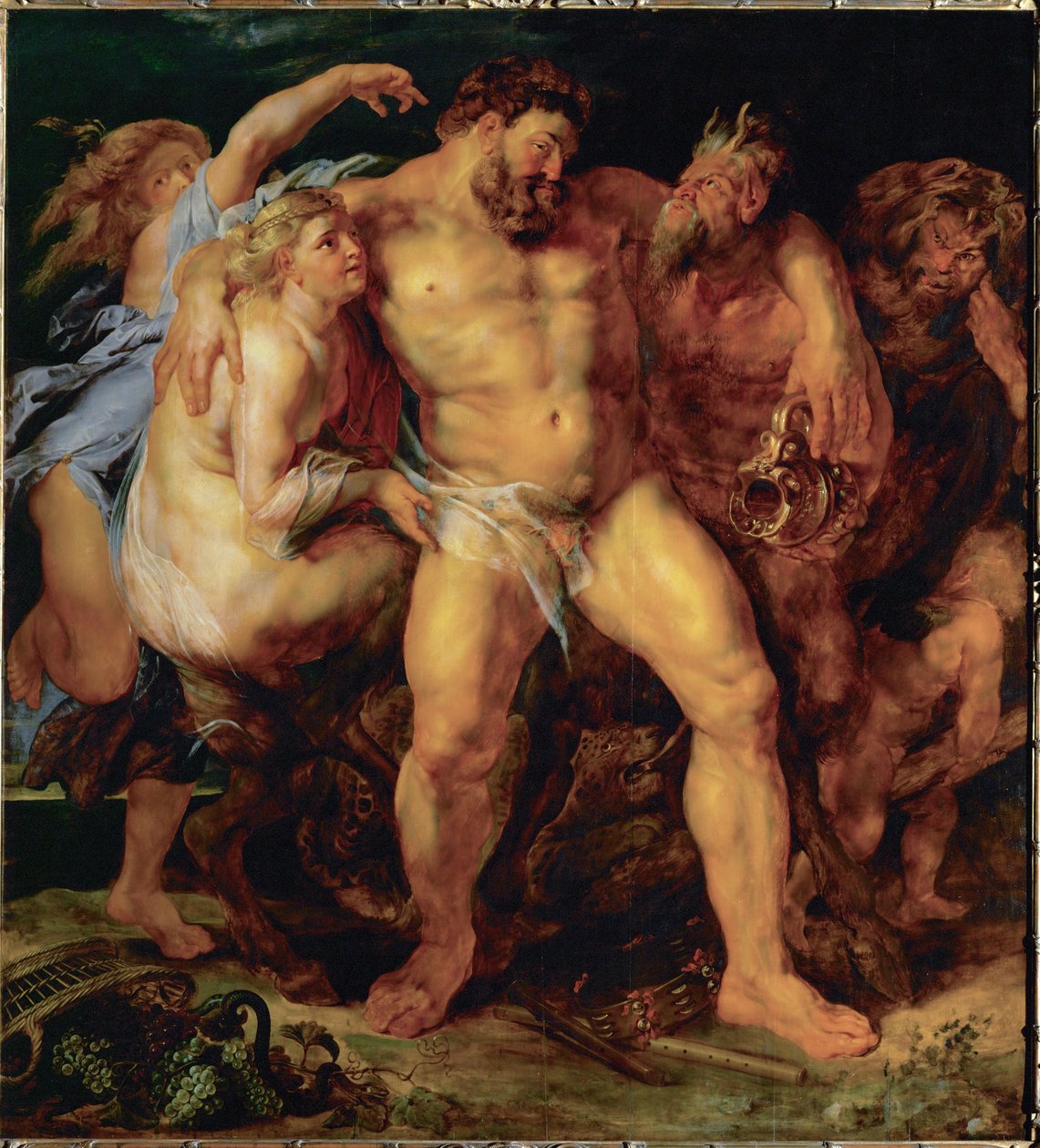 Herkules, berusad, ledd av en nymf och en satyr, ca 1612-14 (målning på ek) av Peter Paul Rubens