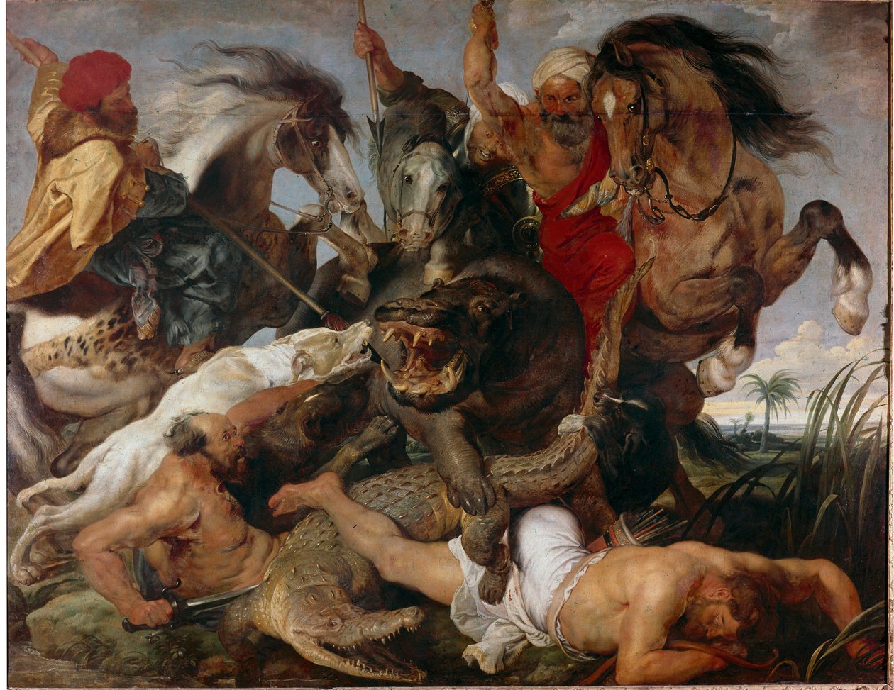 Flodhäst och krokodiljakt. Målning av Pierre Paul (Pierre-Paul) Rubens (eller Peter Paul eller Petrus Paulus) (1577-1640) av Peter Paul Rubens
