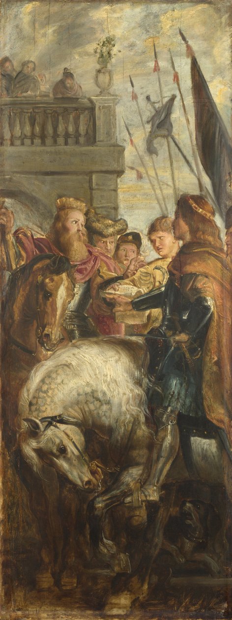 Kungarna Clothar och Dagobert tvistar med en härold från kejsaren Mauritius. Skiss för högaltartavla, St Bavo, Gent, 1611 av Peter Paul Rubens