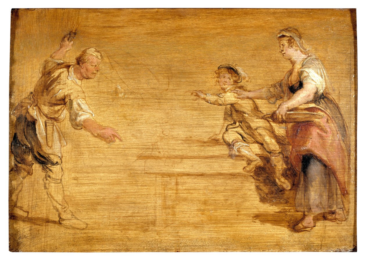 Köksbiträde, slaktare och pojke runt ett bord (olja på duk) av Peter Paul Rubens