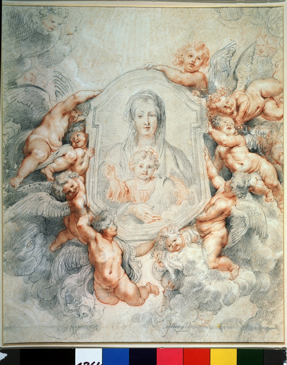 Jungfrun och barnet älskad av änglar (Madonna älskad av änglar, Madonna della vallicella). Måla i målning. Teckning av Peter Paul (Pierre-Paul) Rubens (eller Peter Paul eller Petrus Paulus) (1577-1640). Krita och röd krita på papper, 40,4 x 37 cm av Peter Paul Rubens