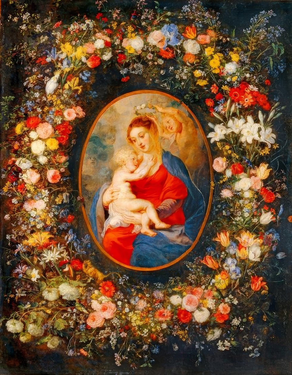 Jungfrun, Jesusbarnet och änglar mitt i en blomsterkrans av Peter Paul Rubens