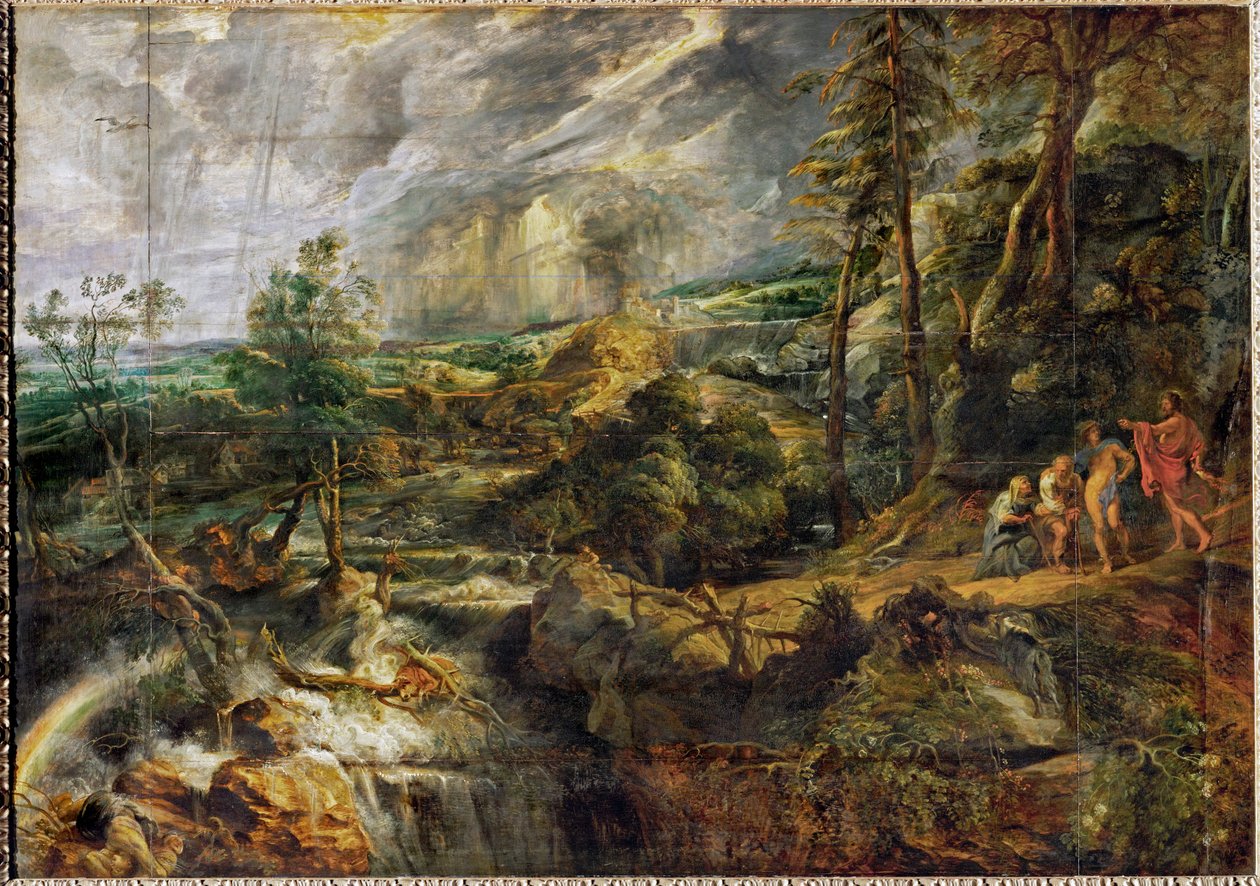 Landskap i åskväder med Philemon och Baucis, Jupiter och Merkurius, ca 1620 (olja på trä) av Peter Paul Rubens