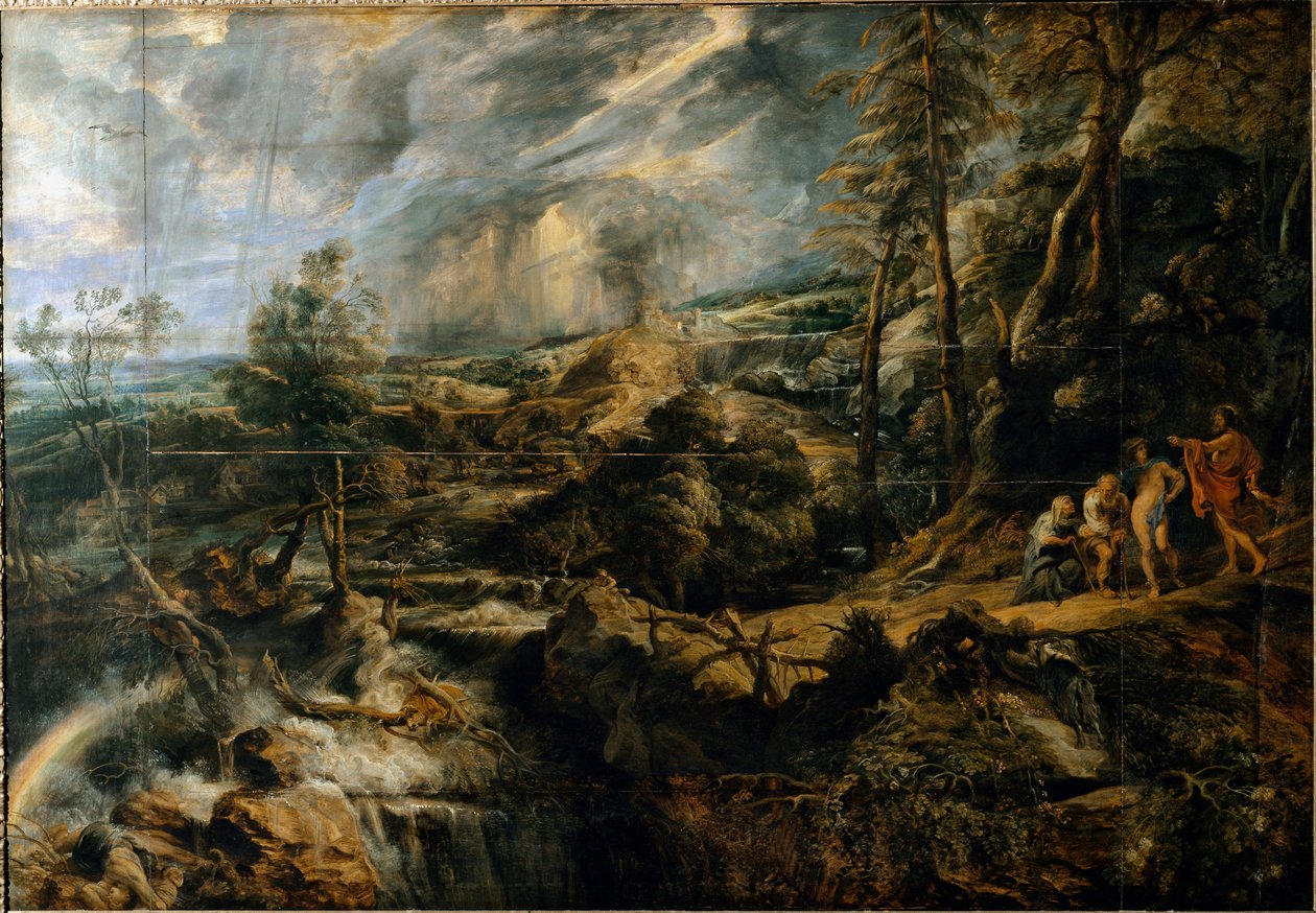 Tempetes landskap med de gamla frygierna Filemon och Baucis (målning, ca 1620) av Peter Paul Rubens