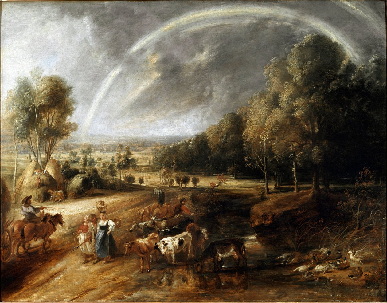 Landskap med regnbågen Målning av Peter Paul (Pierre-Paul) Rubens (eller Peter Paul eller Petrus Paulus) (1577-1640) ca 1638 Dim. 94x123 cm Alte Pinakothek, Bayerische Staatsgemaeldesammlungen, München, Tyskland av Peter Paul Rubens