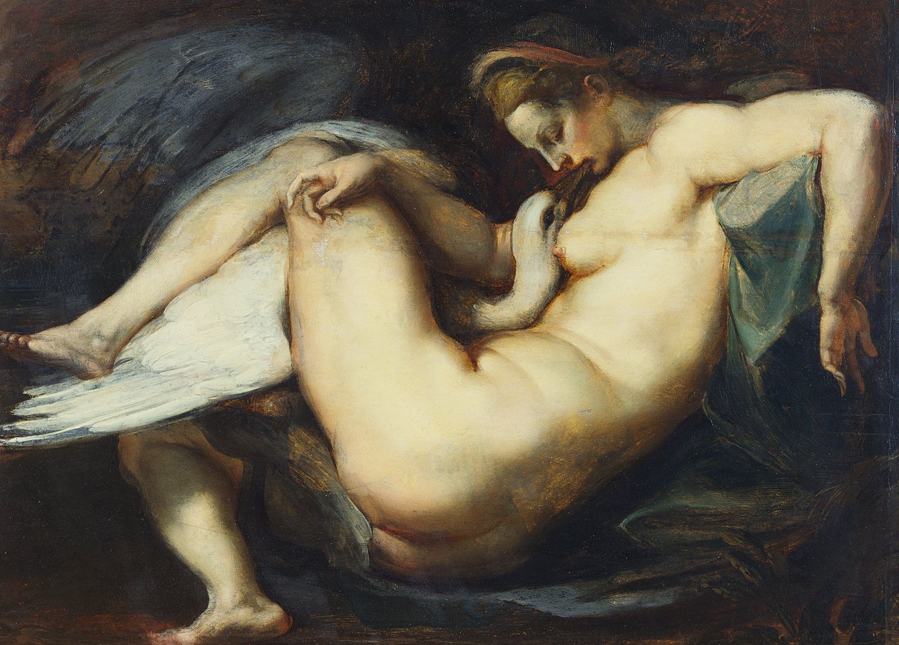 Leda och svanen (olja på panel) av Peter Paul Rubens