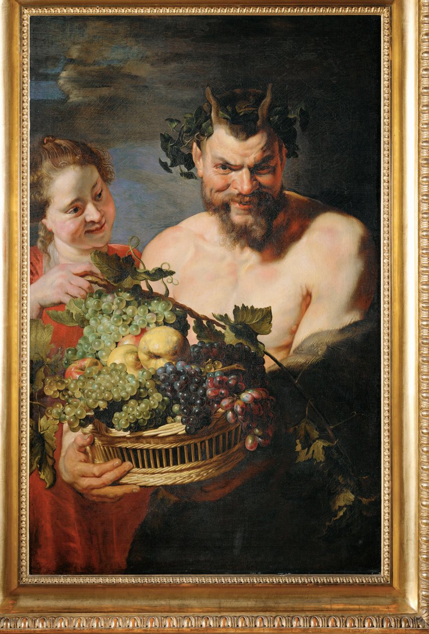 Maenad och satyr med fruktkorg (målning på duk) av Peter Paul Rubens