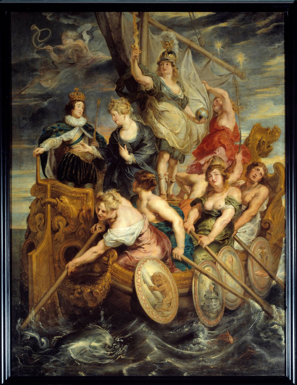 Majoriteten av Ludvig XIII (1601-1643) den 20/10/1614 Allegori om kungens tillträde till makten som representerar ett skepp som leds av kraft, religion och rättvisa som avancerar genom roddare i en grov sjö. Drottning Mary av Medici, mor till Ludvig XIII,  av Peter Paul Rubens