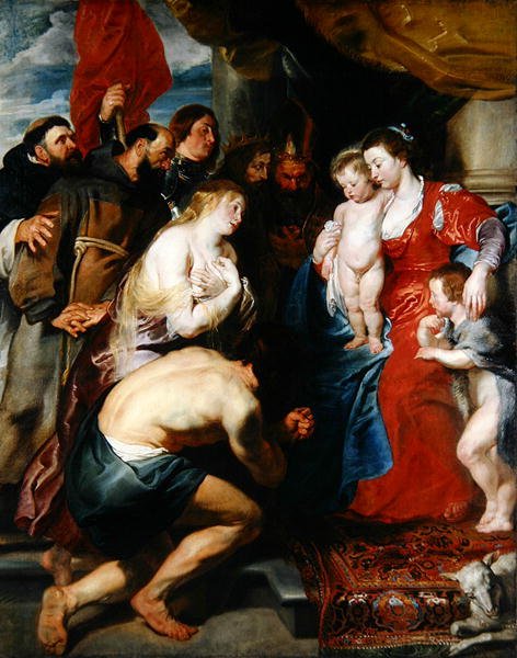 Maria med Jesus och Johannes (olja på duk på ekpanel) av Peter Paul Rubens