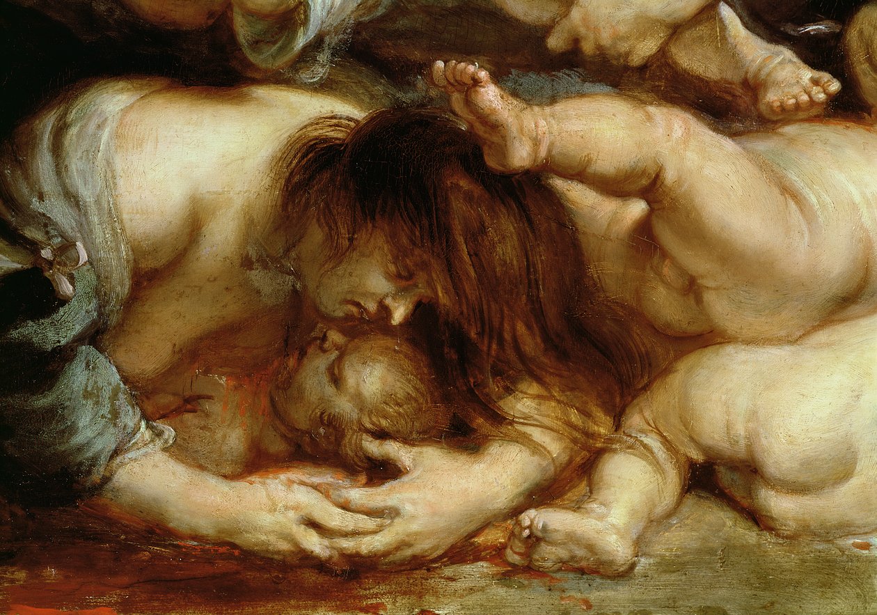 Massacre of the Innocents, detalj av en mor och ett barn (olja på panel) av Peter Paul Rubens