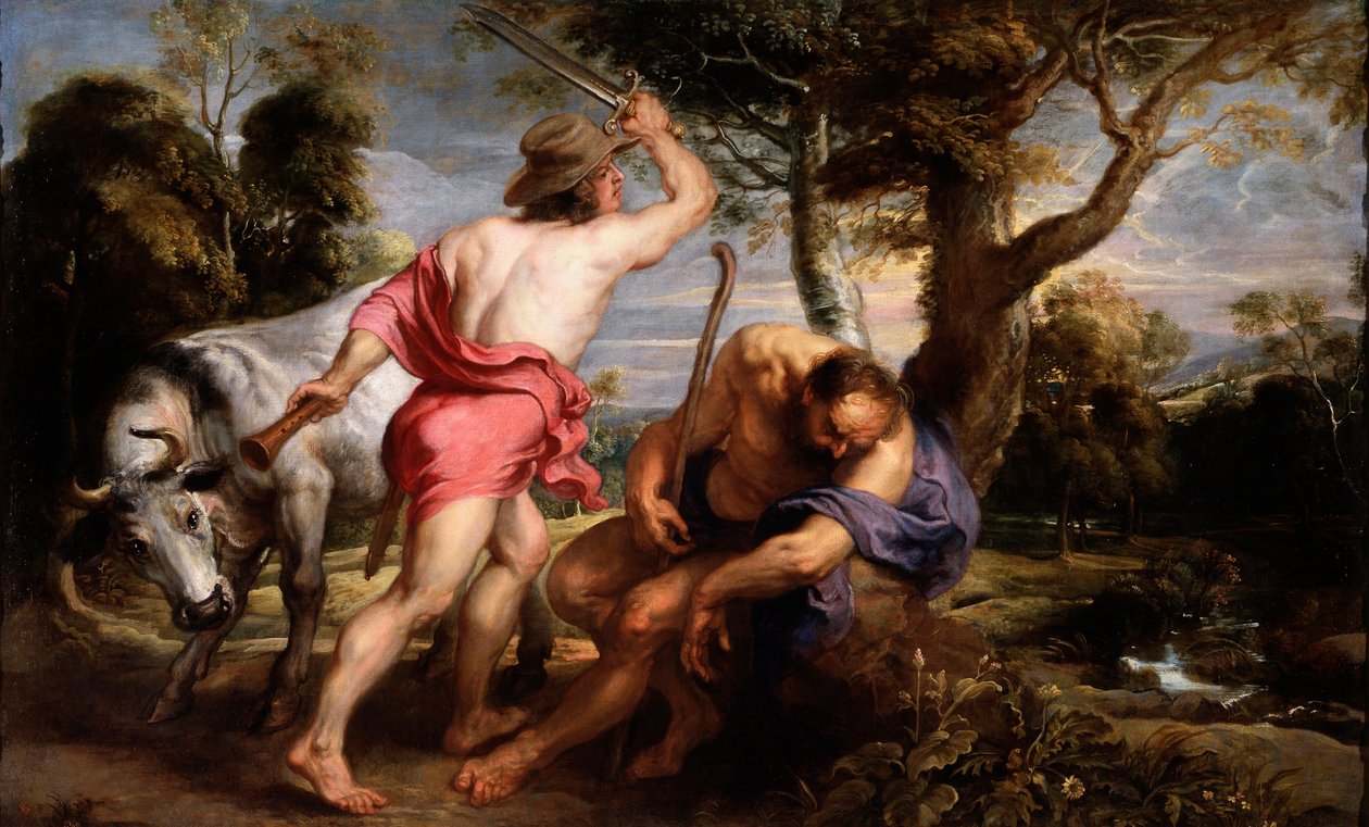 ""Mercury and Argus"" Mercury instrueras av Zeus att söva Argus, Ios väktare, förvandlad till en kviga av Hera (Mercury and Argus) Målning av Pieter Paul Rubens (1577-1640) 1636-1638 Dim 180x298 cm Museo del Prado, Madrid av Peter Paul Rubens