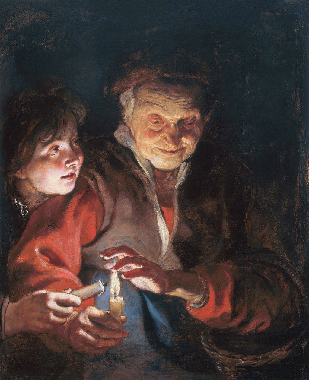 En äldre kvinna och en pojke med ljus av Peter Paul Rubens