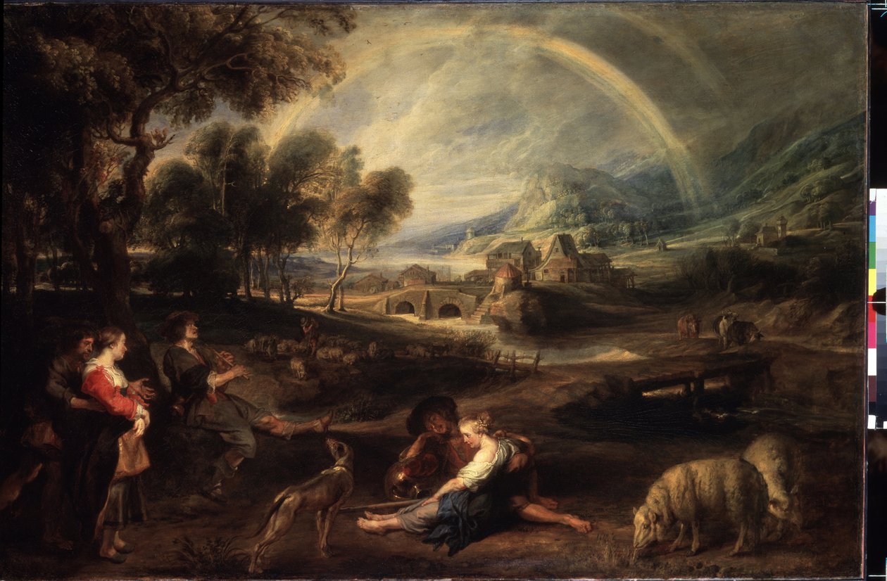 Landskap med en regnbåge. Målning av Peter Paul (Pierre-Paul) Rubens (eller Peter Paul eller Petrus Paulus) (1577-1640). Olja på duk, 86 x 130 cm, tidigt 1630. Flamländsk konst, barockkonst. Eremitagemuseet, Sankt Petersburg. av Peter Paul Rubens