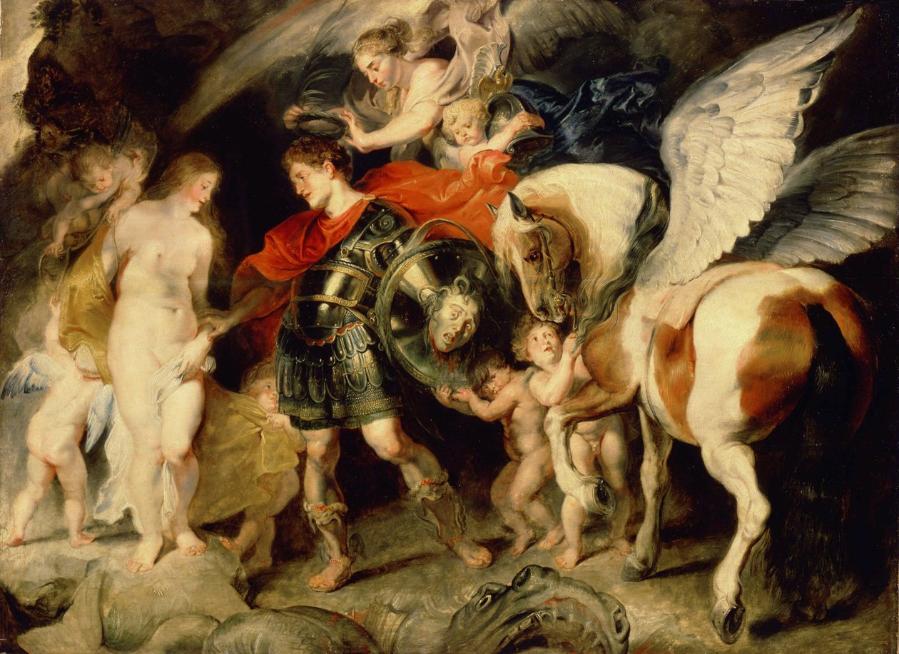 ""Perseus och Andromeda"" (Perseus och Andromeda) Andromeda kedjad vid en sten levereras av Persee tillsammans med Pagasus. På sin sköld huvudet av Medusa som han dödade. Målning av Pierre Paul (Pierre-Paul) Rubens (eller Peter Paul eller Petrus Paulus) (1 av Peter Paul Rubens