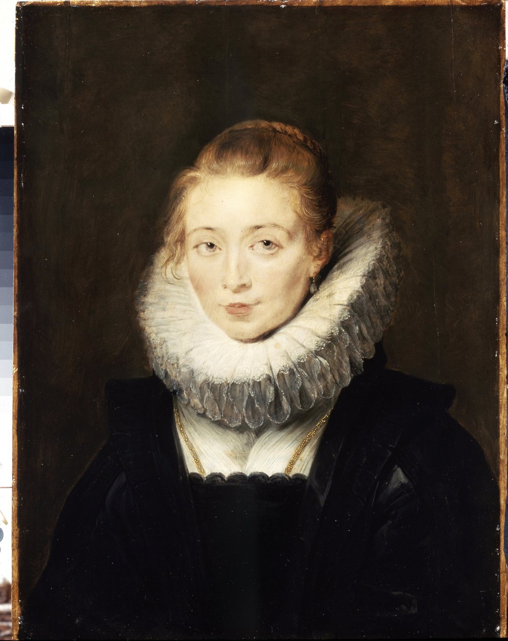 Porträtt av en blivande kvinna till Infanta Isabella (1566-1633). Hon bär jordgubbskrage. (Porträtt av en kvinna som väntar på Infanta Isabella). Målning av Peter Paul (Pierre-Paul) Rubens (eller Peter Paul eller Petrus Paulus) (1577-1640). olja su av Peter Paul Rubens
