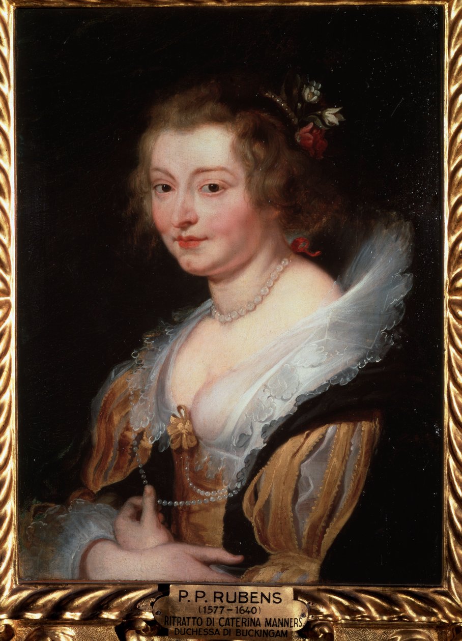 Porträtt av Catherine Manners, hertiginnan av Buckingham - olja på panel, ca 1625-1629 av Peter Paul Rubens
