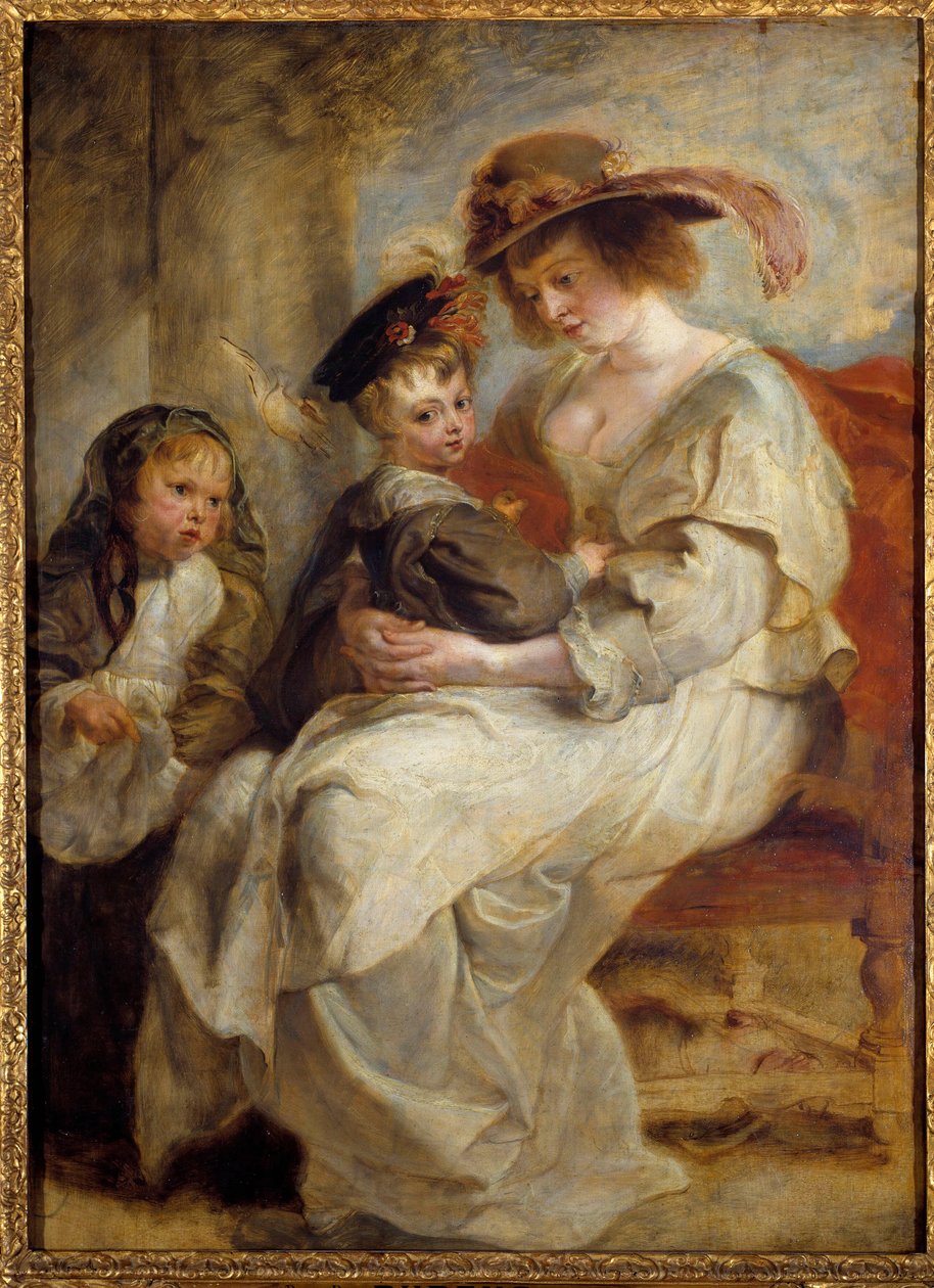Porträtt av Helene Fourment (1614-1673), målarens andra hustru med parets två barn Målning av Pierre Paul (Pierre-Paul) Rubens (eller Peter Paul eller Petrus Paulus) (1577-1640) 1634 Sön. 1,15x0,85 m av Peter Paul Rubens