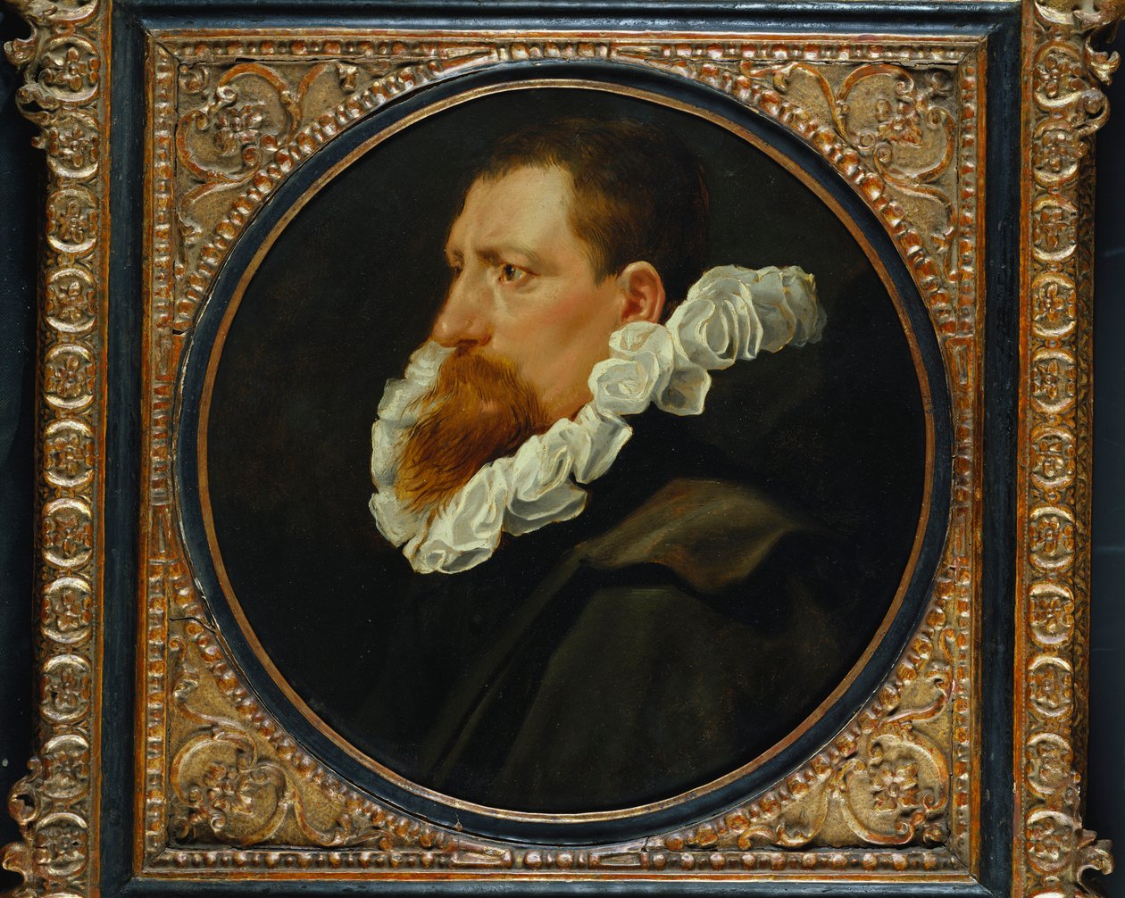 Porträtt av en gentleman, liten byst, klädd i vit ruff och grå kappa av Peter Paul Rubens