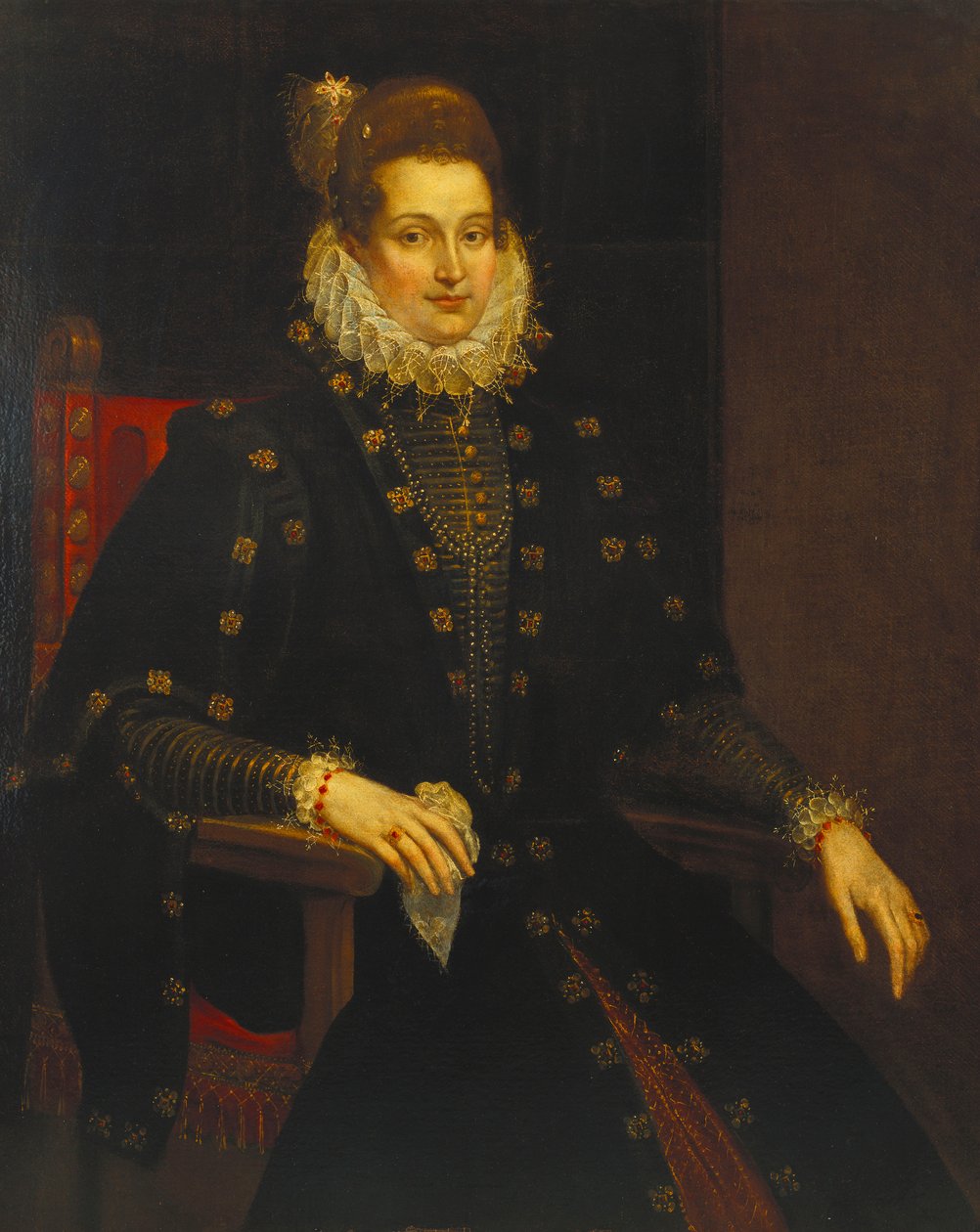 Porträtt av en dam sittande tre fjärdedels längd i en svart klänning med en ruff av Peter Paul Rubens