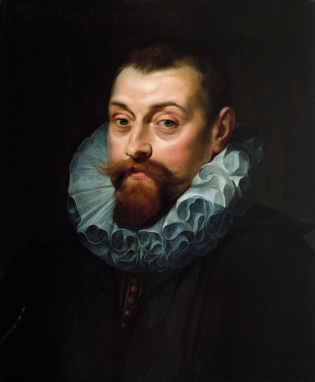 Porträtt av en man, bystlängd, i mörk dräkt med vit ruff, ca 1597-99 av Peter Paul Rubens
