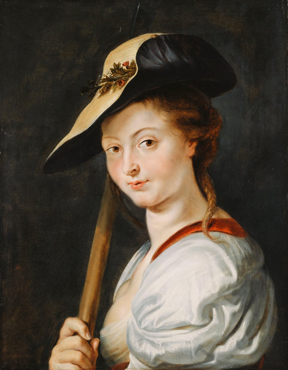 Porträtt av en ung kvinna, som anges vara Suzanna Fourment, bystlängd, som en herdinna, av Peter Paul Rubens