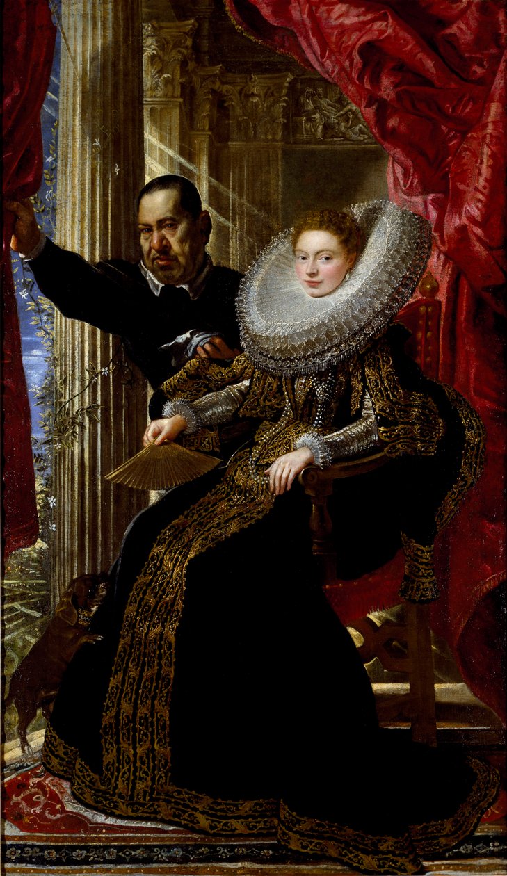 Porträtt av en ung aristokratdam med en dvärg (olja på duk av Peter Paul Rubens