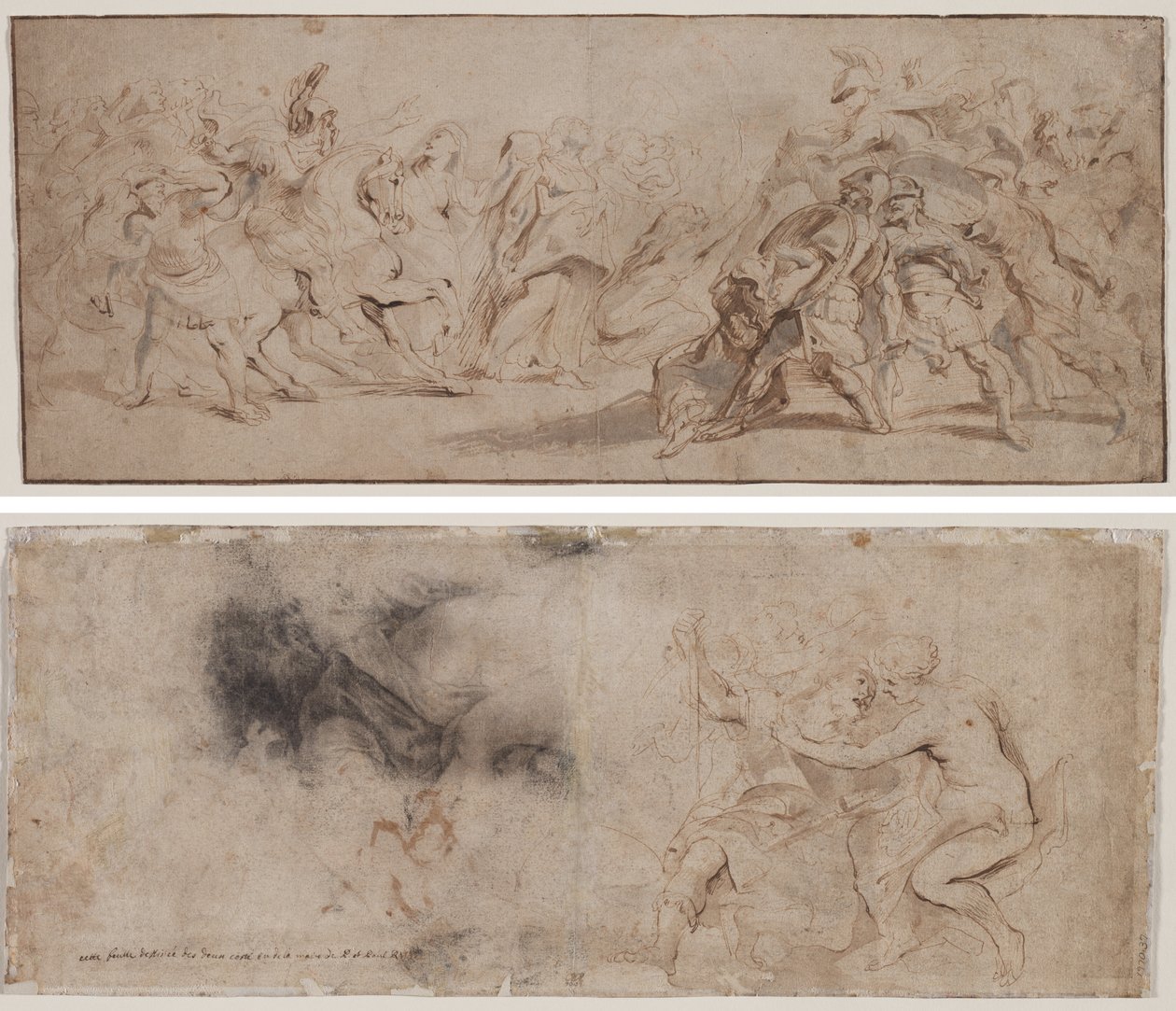 Försoning mellan romarna och sabinerna (recto) Venus avväpnar Mars, draperistudie (verso) av Peter Paul Rubens