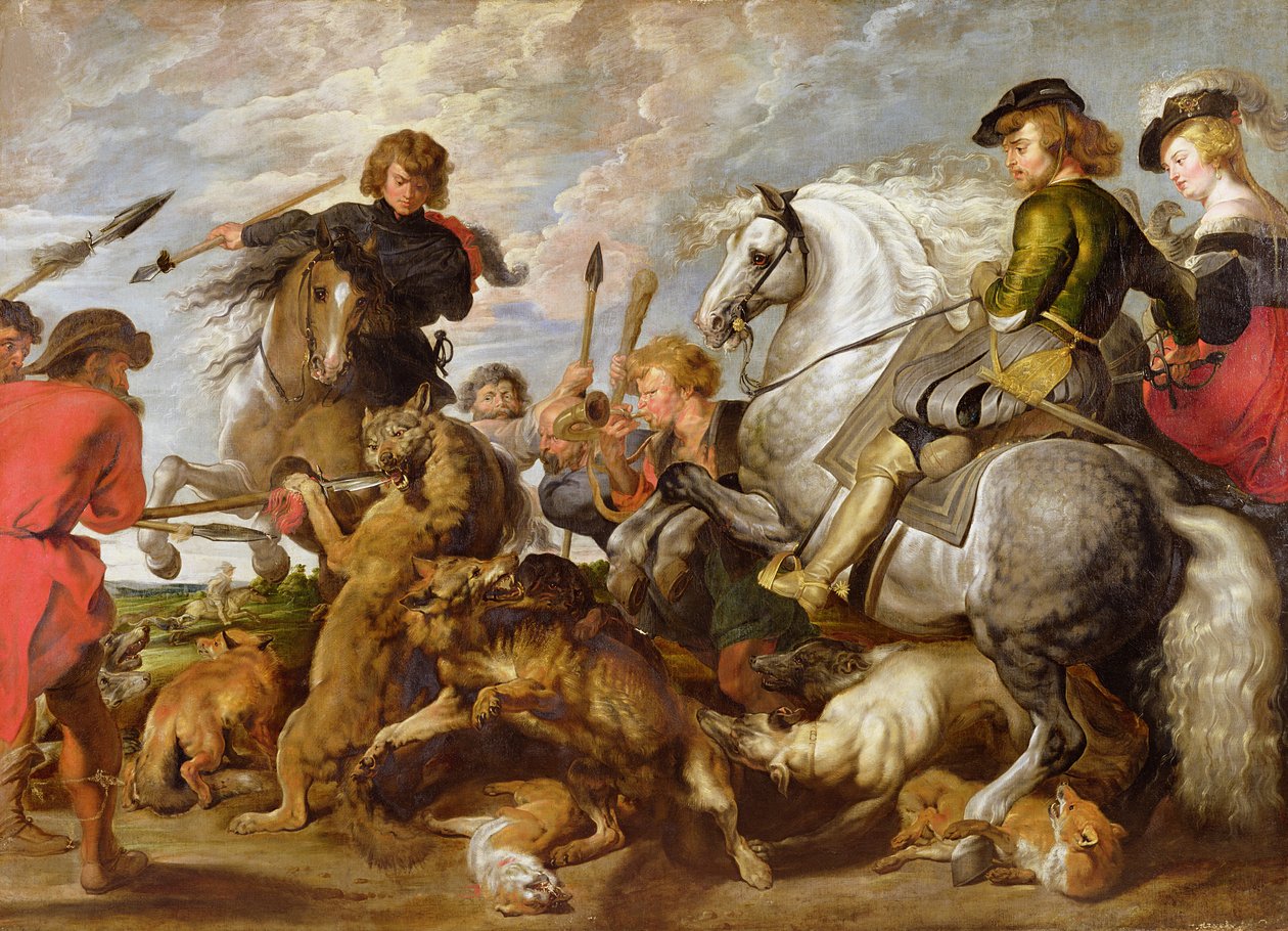 Rubens hans andra fru och son i en varg- och rävjakt, efter ett original av Rubens av Peter Paul Rubens