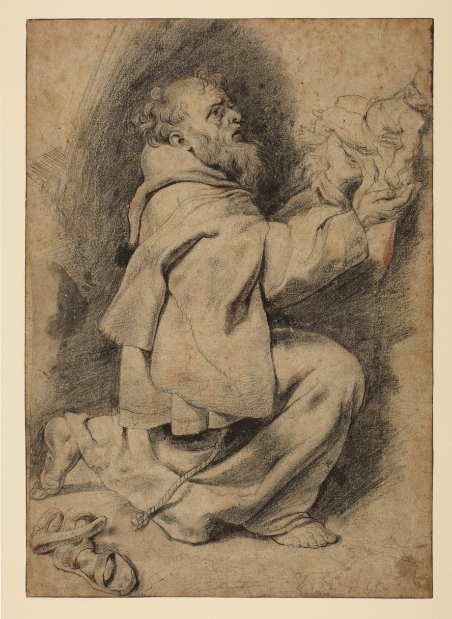 Saint Francis knäböjer, tar emot Kristusbarnet, c.1617 av Peter Paul Rubens
