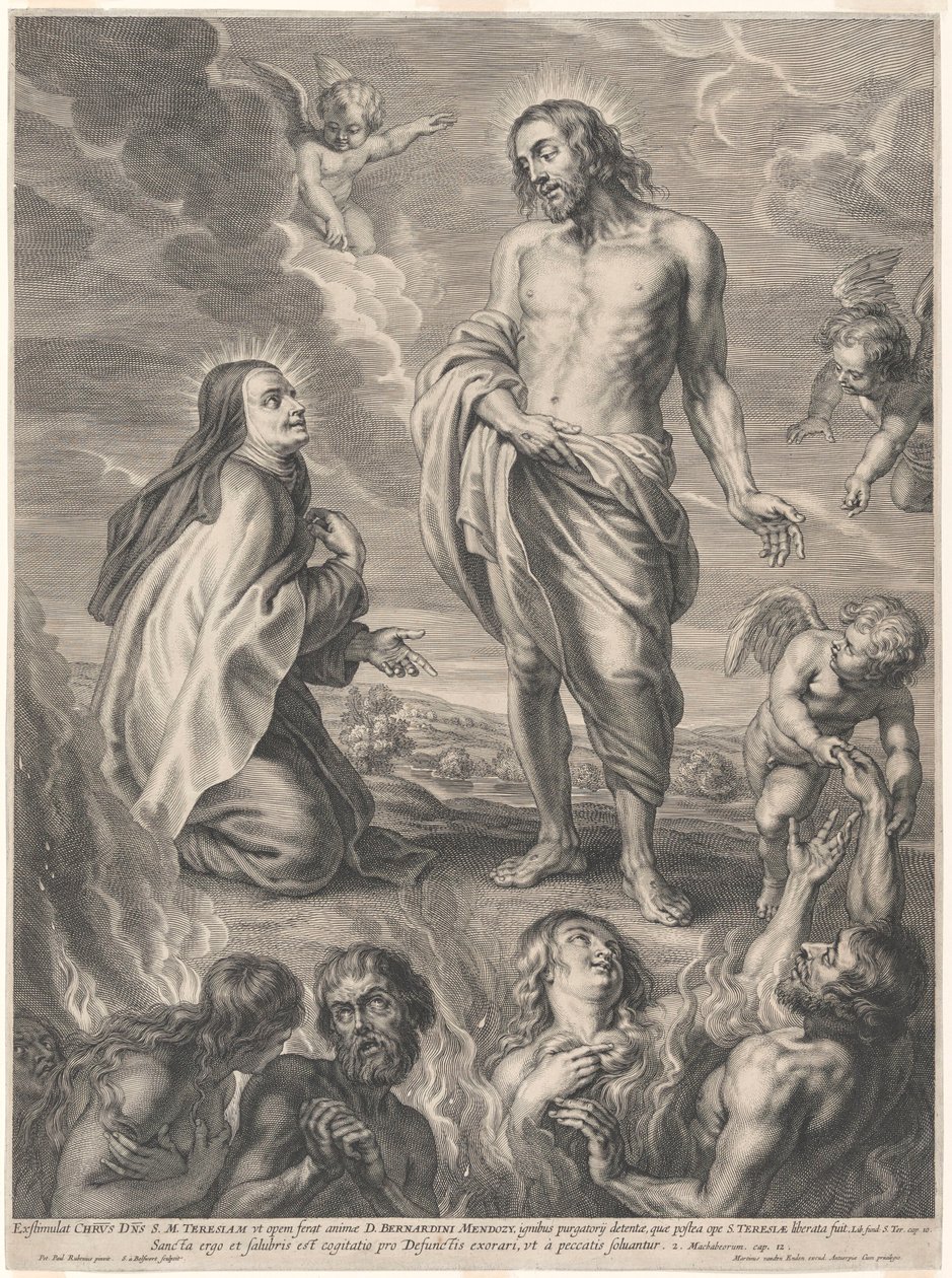 Heliga Teresa av Ávila knäböjer inför Kristus och förbönar för själarna i skärselden av Peter Paul Rubens