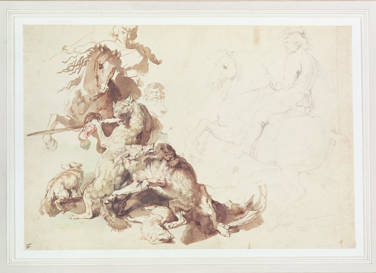 Sketch for a Wolf Hunt (penna med akvarell på papper) av Peter Paul Rubens