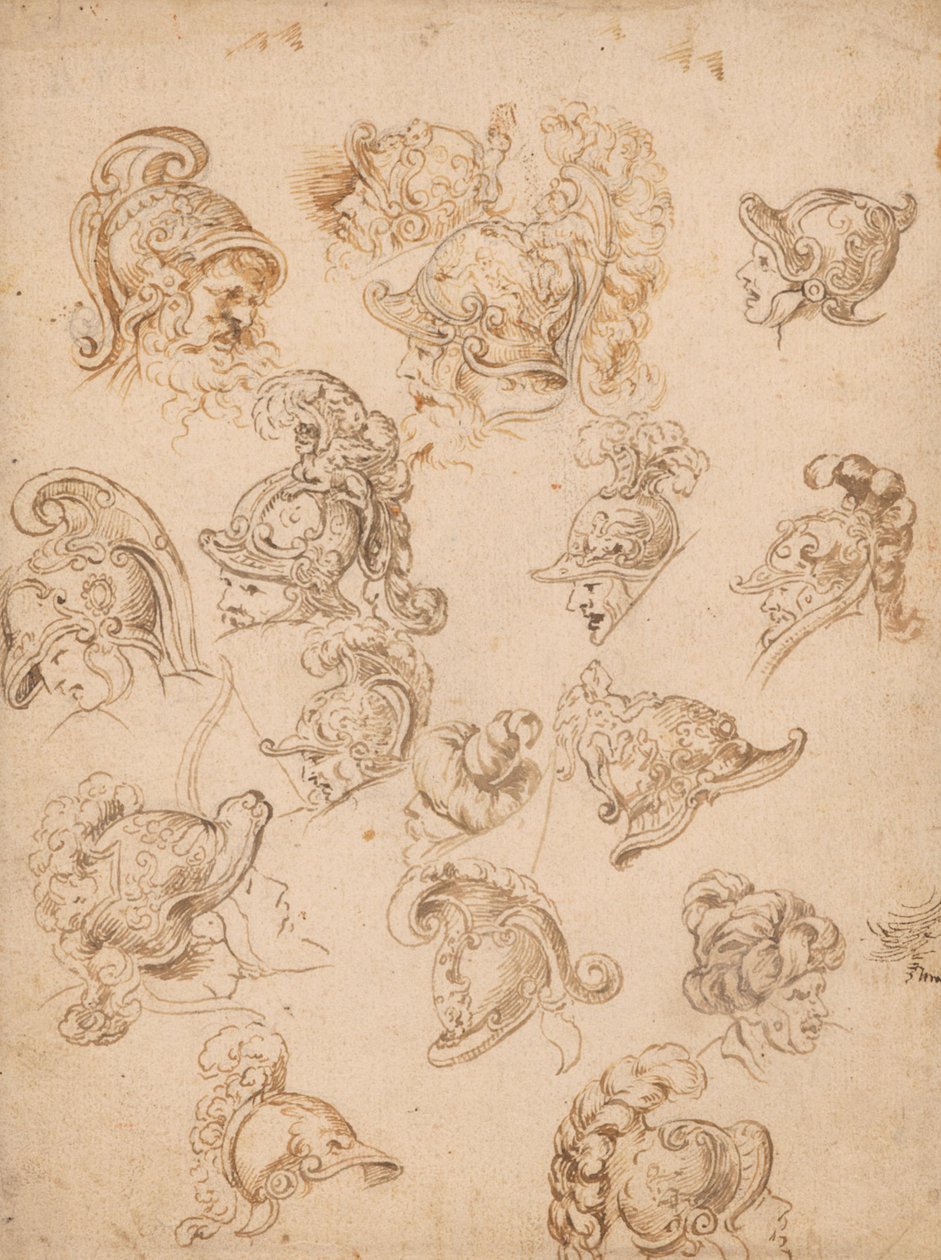 Studieblad med hjälmar och huvuden av Peter Paul Rubens