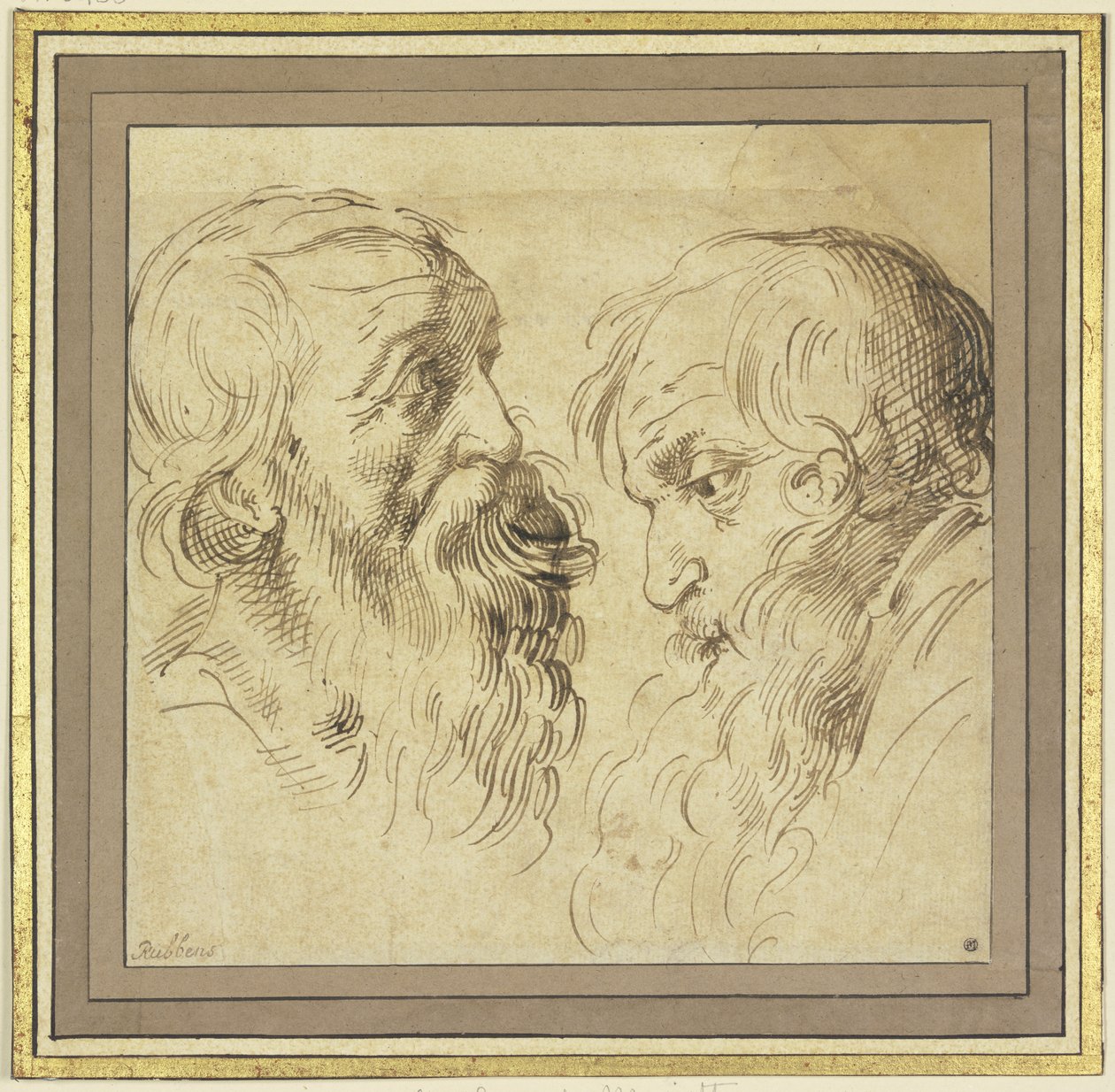 Studieblad: Två skäggiga huvuden i profil åt höger och vänster av Peter Paul Rubens