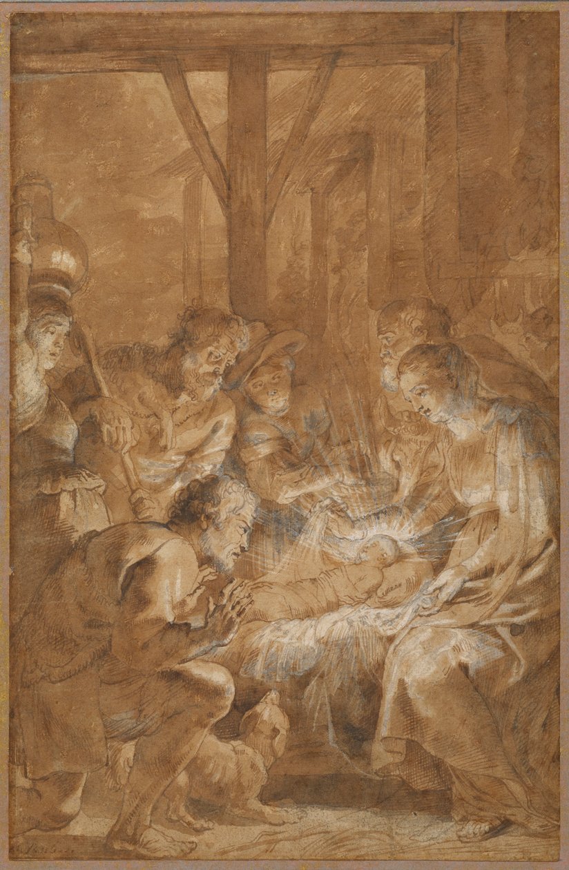 The Adoration of the Shepherds, c.1613-4 (penna och brunt bläck med brun tvätt och vit gouache) av Peter Paul Rubens