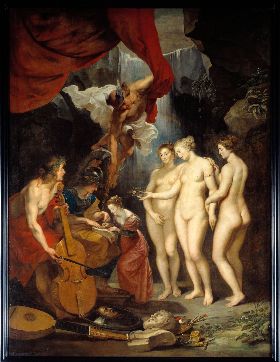 The Education of Mary of Medicis Allegorie som representerar undervisningen av den unga drottningen Maria av Medicis (1573-1642) mellan Minerva, Mercury, Apollo och de tre gracerna. Målning av Pierre Paul (Pierre-Paul) Rubens (eller Peter Paul eller Petrus av Peter Paul Rubens