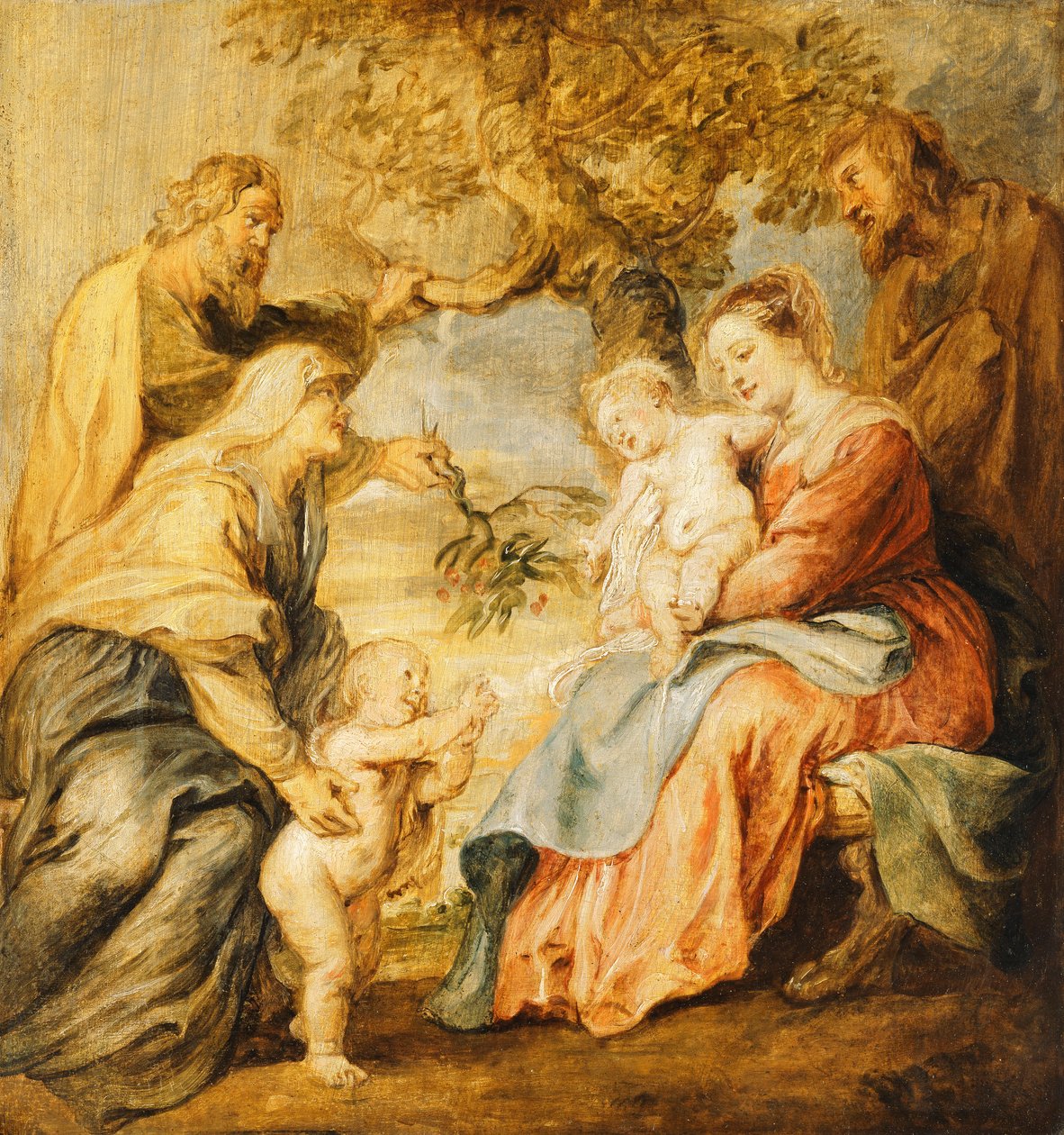 Den heliga familjen besöktes av de heliga Elizabeth, Zacharias och spädbarnet Johannes döparen, av Peter Paul Rubens
