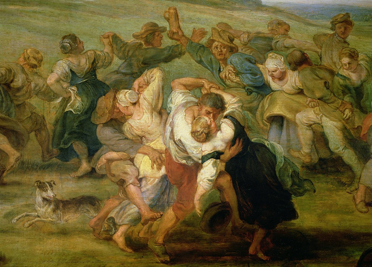 The Kermesse, detalj av bönder som dansar, c.1635-38 olja på paneldetalj av 24954 av Peter Paul Rubens