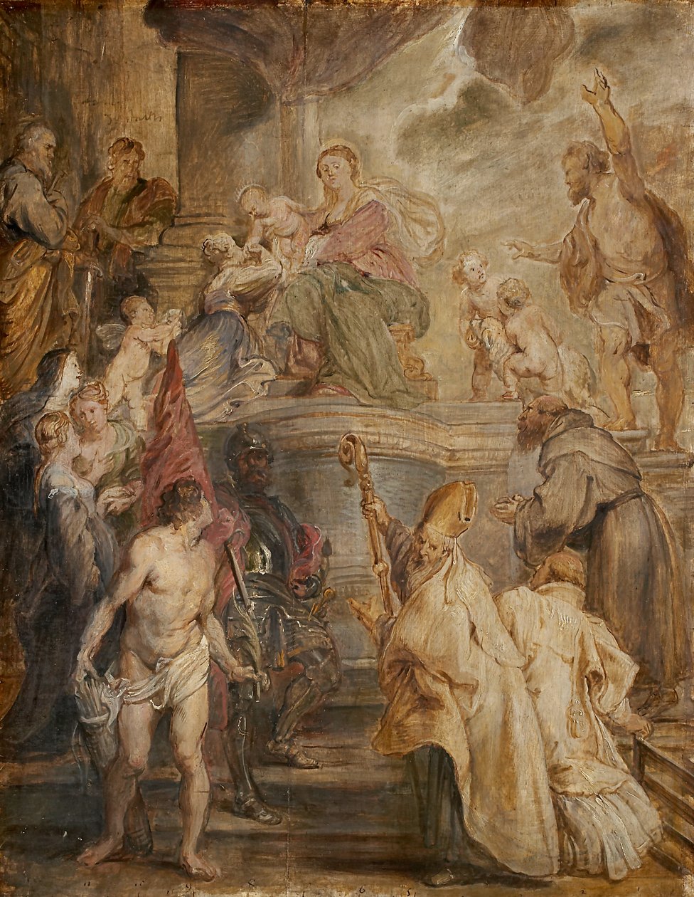 Den heliga Katarinas mystiska bröllop (färgskiss till altaret i augustinerfädernas kyrka i Antwerpen), verso: två kavalleristrider av Peter Paul Rubens
