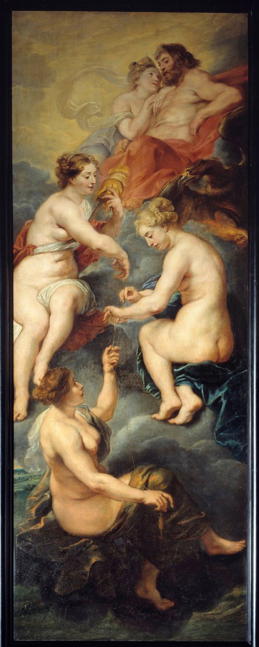 Parques spinning the destination of Mary of Medicis (1573-1642) Parques, Clotho, Lachesis och Atropos, är gudarnas mästare över människors öde. Målning av Pierre Paul (Pierre-Paul) Rubens (eller Peter Paul eller Petrus Paulus) (1577-1640) 1600-talet. D av Peter Paul Rubens